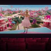 Clip of Barbie movie playing in a theater